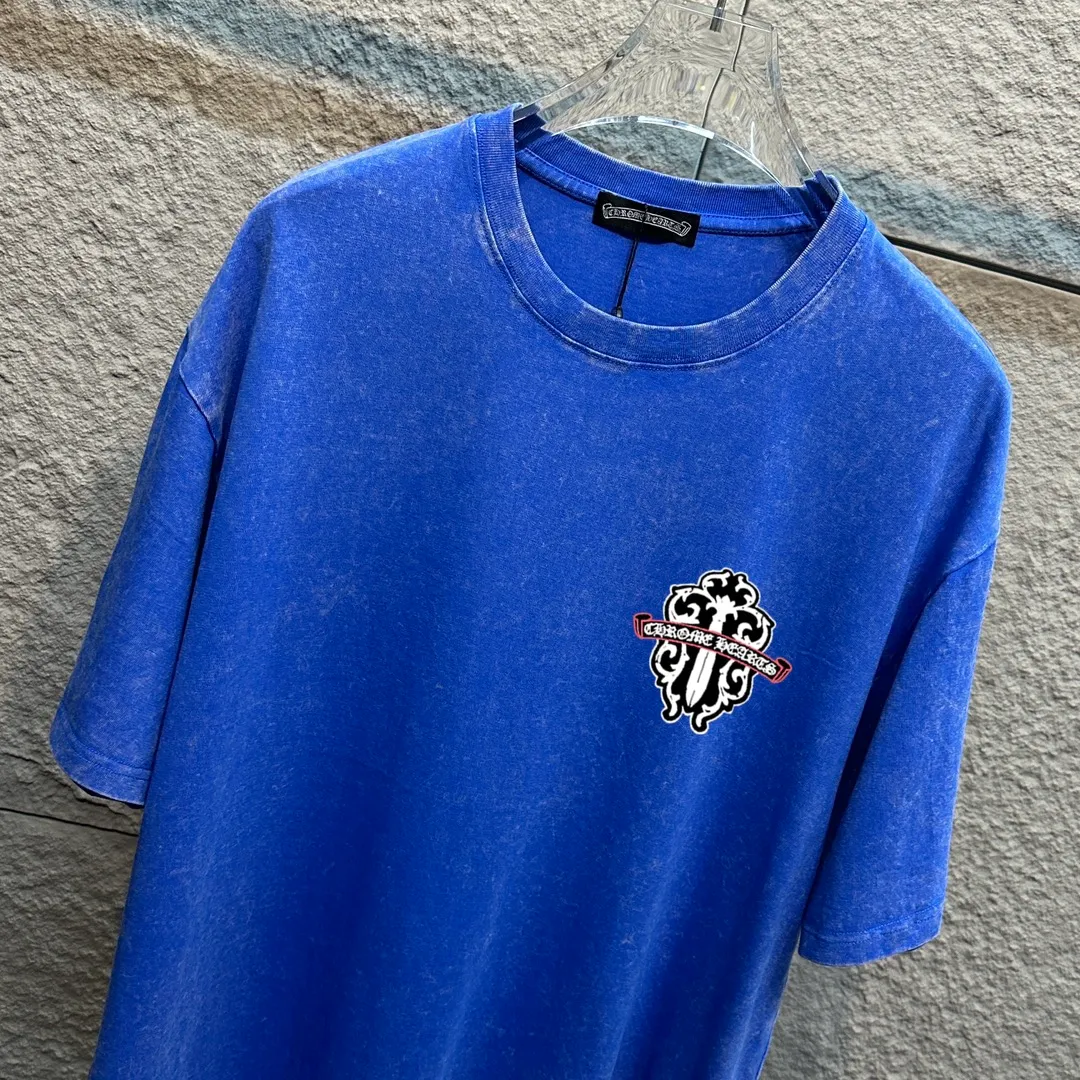 🅿️180 CH* Crow Heart* 2025 spring and summer new style Snowflake distressed washed retro round neck short sleeves Chest and front logo Front and back cross horseshoe print Customized fabric Short-sleeved T-shirt Unisex Size: S M L XL XXL Color: Snowflake Black Snowflake Gray Snowflake Pink Snowflake Blue